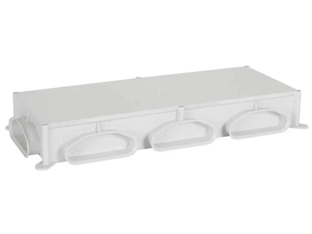 Flacher Verteilerkasten in Grau von Fränkische mit mehreren Anschlüssen und einem kompakten Design, geeignet für lufttechnische Anwendungen.